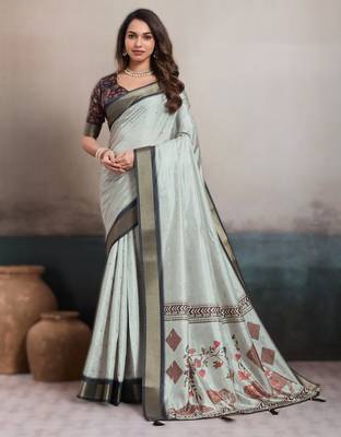 Light grey elegant kalki silk blend digital print saree with unstitched blouse piece 1