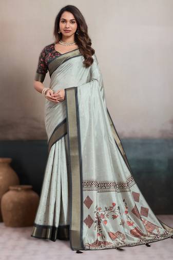Light grey elegant kalki silk digital print saree with unstitched blouse piece