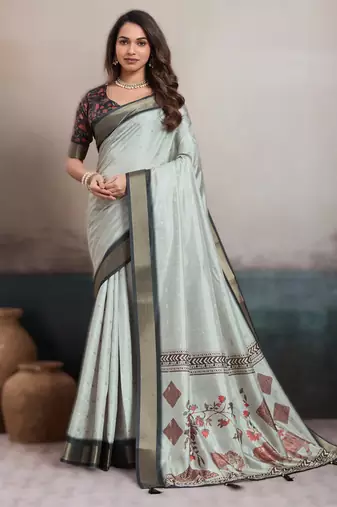 Light grey elegant kalki silk digital print saree with unstitched blouse piece