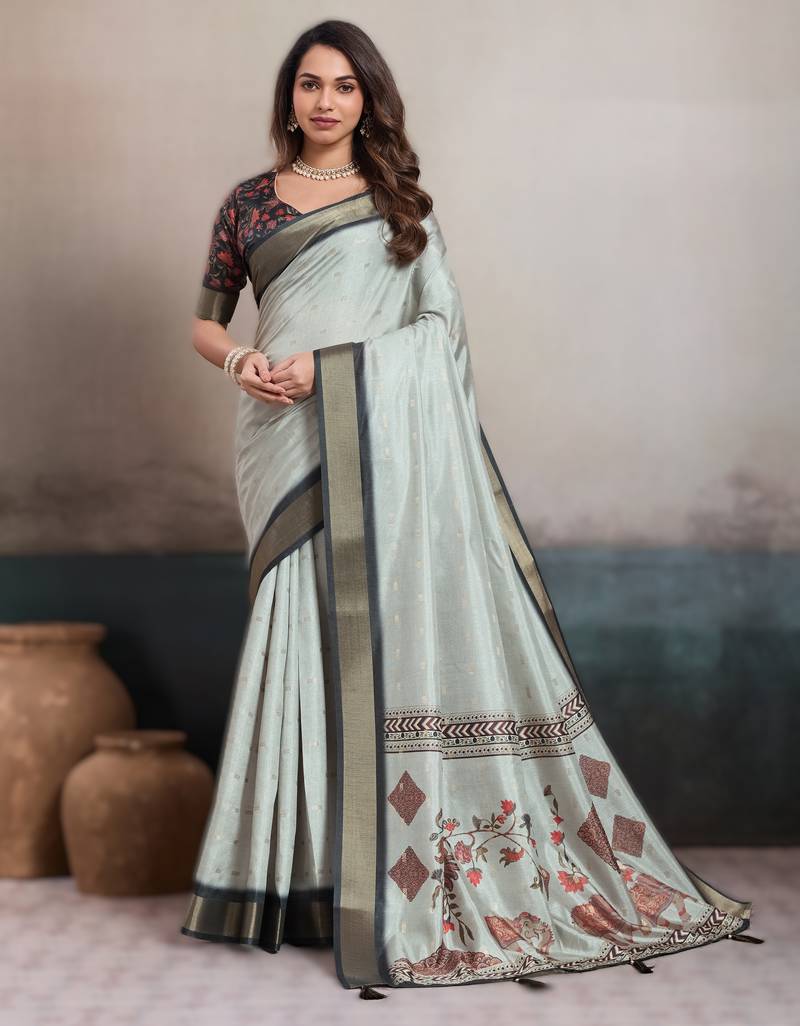 Light grey elegant kalki silk digital print saree with unstitched blouse piece