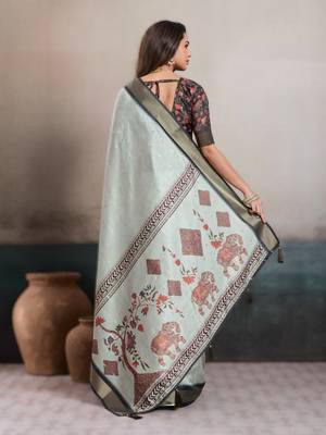 Light grey elegant kalki silk blend digital print saree with unstitched blouse piece 2