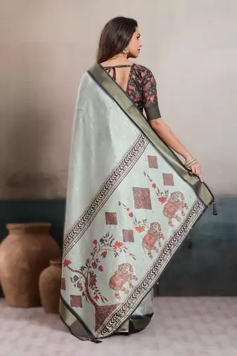 Light grey elegant kalki silk blend digital print saree with unstitched blouse piece