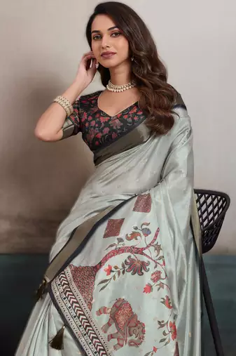 Light grey elegant kalki silk blend digital print saree with unstitched blouse piece