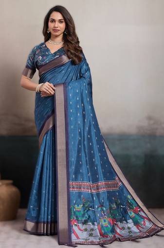 teal teal blue elegant kalki silk digital print saree with unstitched blouse piece