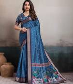 teal teal blue elegant kalki silk digital print saree with unstitched blouse piece