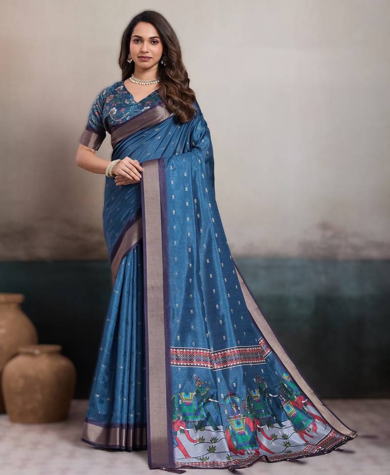 teal teal blue elegant kalki silk digital print saree with unstitched blouse piece