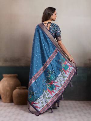 teal teal blue elegant kalki silk blend digital print saree with unstitched blouse piece 2