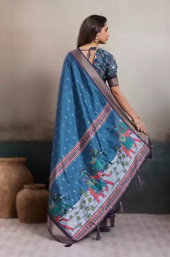 teal teal blue elegant kalki silk blend digital print saree with unstitched blouse piece