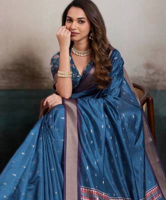 teal teal blue elegant kalki silk blend digital print saree with unstitched blouse piece 3