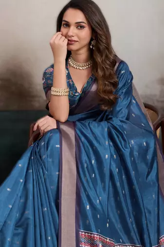 teal teal blue elegant kalki silk blend digital print saree with unstitched blouse piece