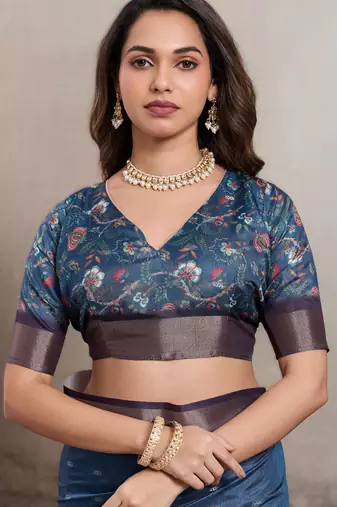 teal teal blue elegant kalki silk blend digital print saree with unstitched blouse piece