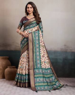 Cream elegant kalki silk blend digital print saree with unstitched blouse piece 1