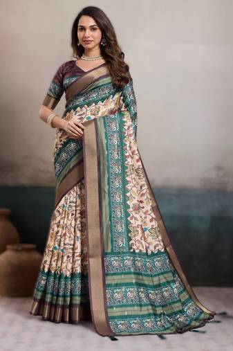 Cream elegant kalki silk digital print saree with unstitched blouse piece