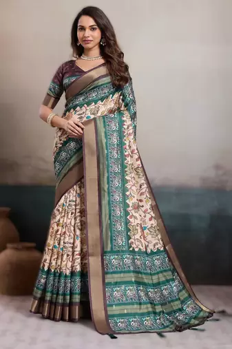 Cream elegant kalki silk digital print saree with unstitched blouse piece