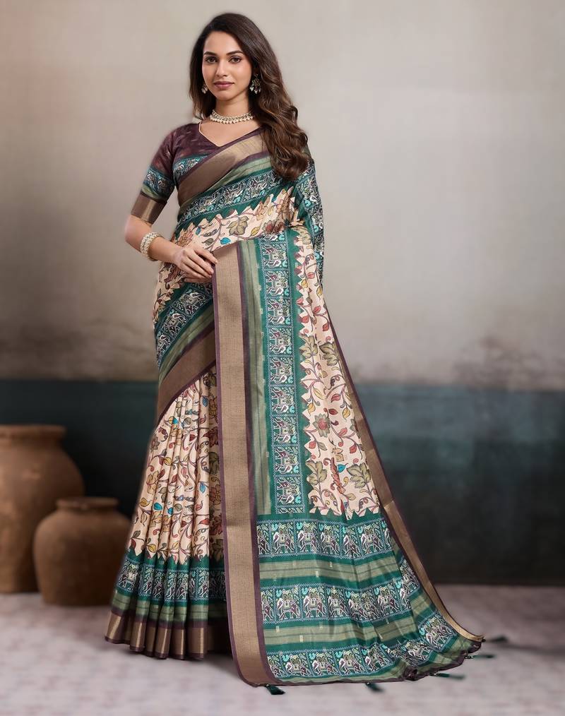 Cream elegant kalki silk digital print saree with unstitched blouse piece