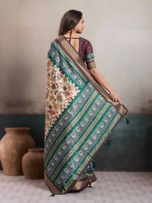 Cream elegant kalki silk blend digital print saree with unstitched blouse piece 2