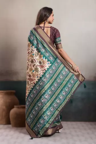 Cream elegant kalki silk blend digital print saree with unstitched blouse piece