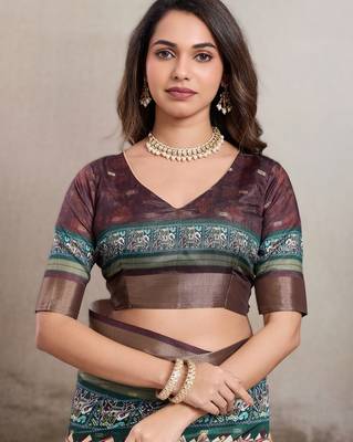 Cream elegant kalki silk blend digital print saree with unstitched blouse piece 3