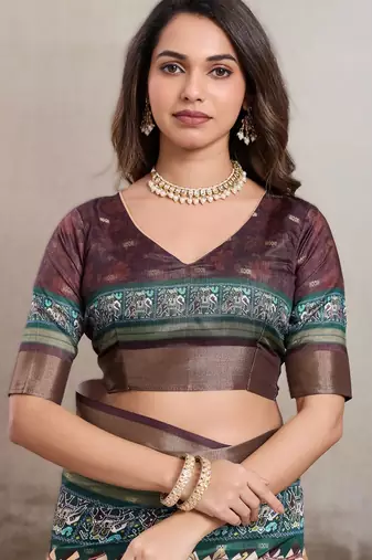 Cream elegant kalki silk blend digital print saree with unstitched blouse piece