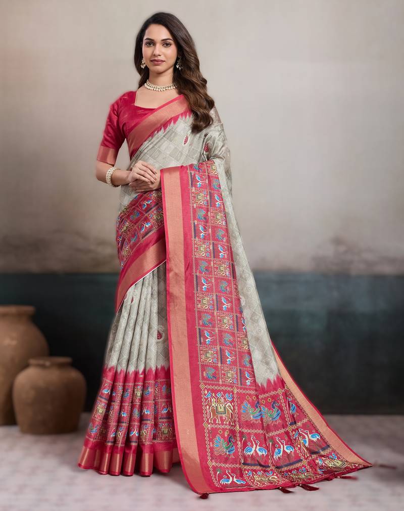 Grey elegant kalki silk digital print saree with unstitched blouse piece