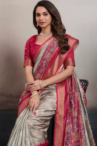Grey elegant kalki silk blend digital print saree with unstitched blouse piece