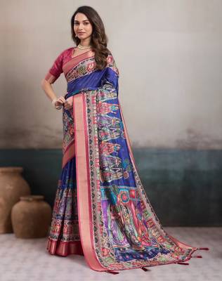 Blue elegant kalki silk blend digital print saree with unstitched blouse piece 1