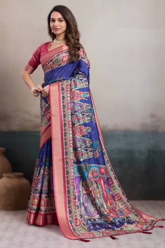 Blue elegant kalki silk digital print saree with unstitched blouse piece