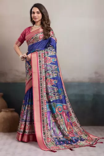 Blue elegant kalki silk digital print saree with unstitched blouse piece
