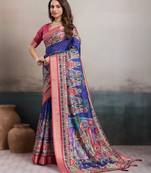 Blue elegant kalki silk digital print saree with unstitched blouse piece