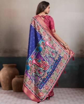 Blue elegant kalki silk blend digital print saree with unstitched blouse piece 2