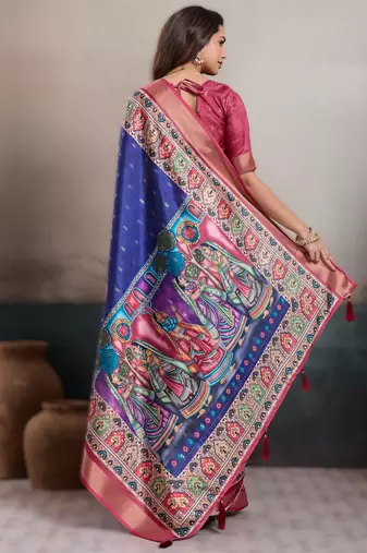 Blue elegant kalki silk blend digital print saree with unstitched blouse piece