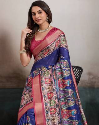 Blue elegant kalki silk blend digital print saree with unstitched blouse piece 3