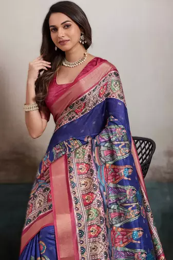 Blue elegant kalki silk blend digital print saree with unstitched blouse piece