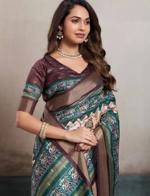 Cream elegant kalki silk blend digital print saree with unstitched blouse piece 4