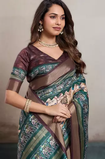 Cream elegant kalki silk blend digital print saree with unstitched blouse piece