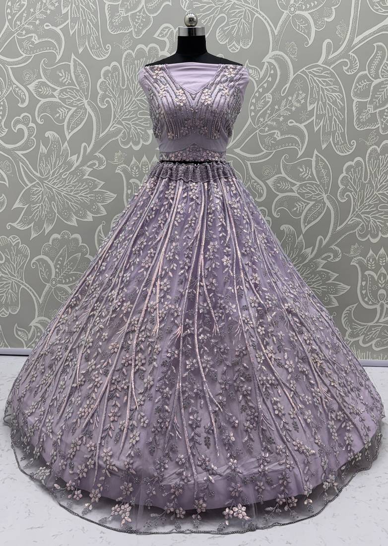  purple sequins embroidered net lehenga set choli with dupatta