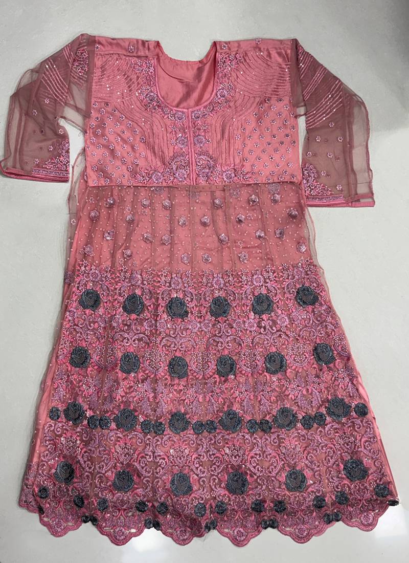 Pink net semi stitched wedding wedding anarkali