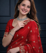 Red Color Designer Embroidered Fandy Satin Silk Saree 