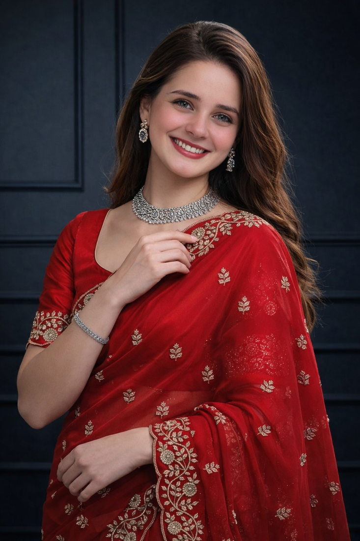 Red Color Designer Embroidered Fandy Satin Silk Saree 