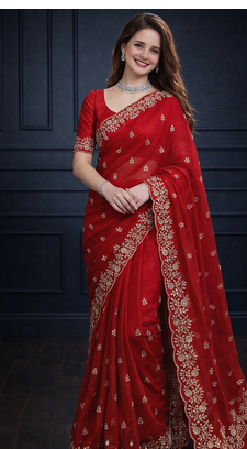 Red Color Designer Embroidered Fandy Satin Silk Saree  2