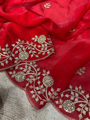 Red Color Designer Embroidered Fandy Satin Silk Saree  4