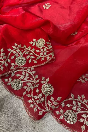 Red Color Designer Embroidered Fandy Satin Silk Saree 