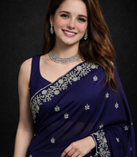 Purple Color Designer Embroidered Fandy Satin Silk Saree 