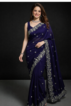 Purple Color Designer Embroidered Fandy Satin Silk Saree  2