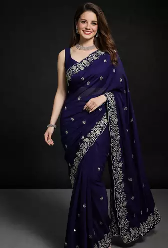 Purple Color Designer Embroidered Fandy Satin Silk Saree 