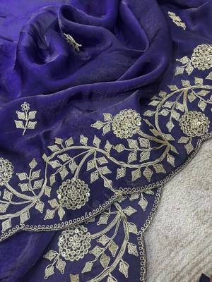 Purple Color Designer Embroidered Fandy Satin Silk Saree  4