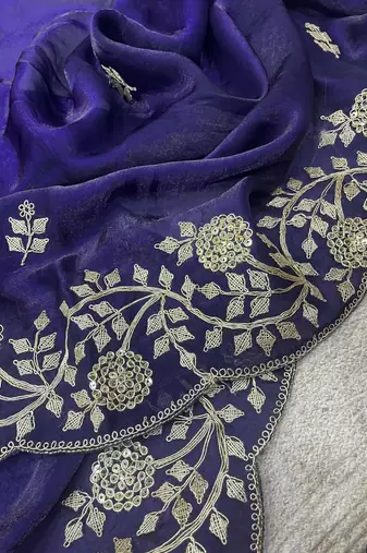 Purple Color Designer Embroidered Fandy Satin Silk Saree 