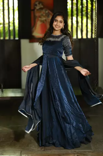 NAVY BLUE FRONT SLIT ANARKALI WITH SKIRT AND DUPATTA
