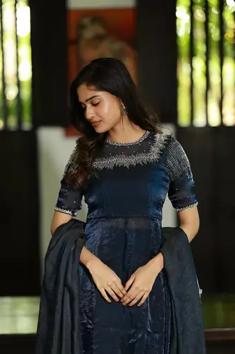 NAVY BLUE FRONT SLIT ANARKALI WITH SKIRT AND DUPATTA