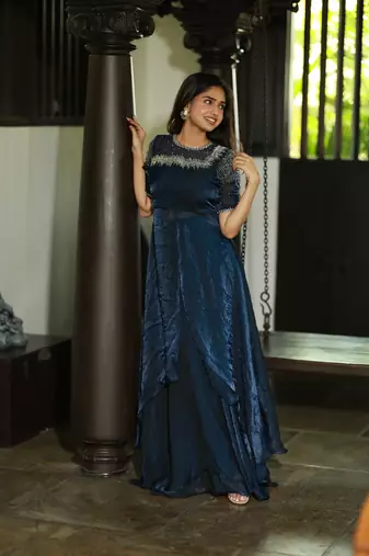 NAVY BLUE FRONT SLIT ANARKALI WITH SKIRT AND DUPATTA